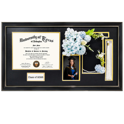 GraduationMall Class of 2026 Graduation Shadow Box Frame for 8.5x11 Diploma, 4x6 Picture with Cap & Tassel Holder, Black Wood Display Case with Black Gold Mat