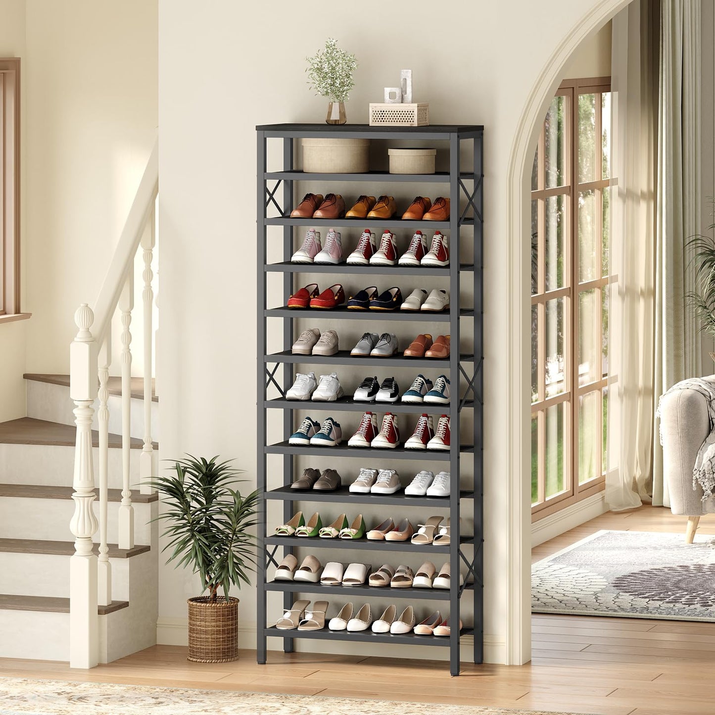 YATINEY 5-Tier Shoe Rack with 3 Drawers and 12-Tier Tall Shoe Rack Organizer, Wooden Shoe Storage for Closet Holds 48 Pairs, Sturdy Shoe Shelf SS35BB-SS212BB