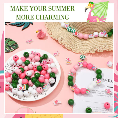 Tradder 200 Pcs Flamingo Summer Beads Round Wood Beads with Palm Leaves Polished Hawaii Tropical for Jewelry Making, DIY Crafts, Home Decor, Spring & Summer