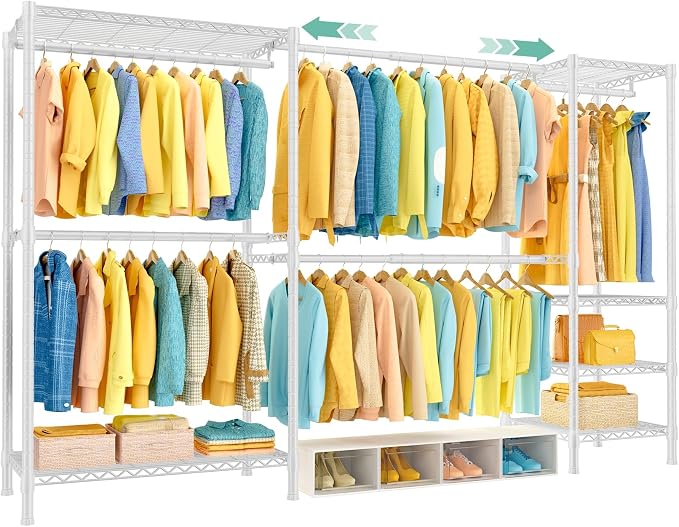 SEMHOR E01 Expandable Heavy Duty Clothes Rack, Free Standing Closet System Organizer, Adjustable Portable Carbon Steel Garment & Clothing Racks for Hanging Clothes (72.5-96"), 800LBS Max Load, White