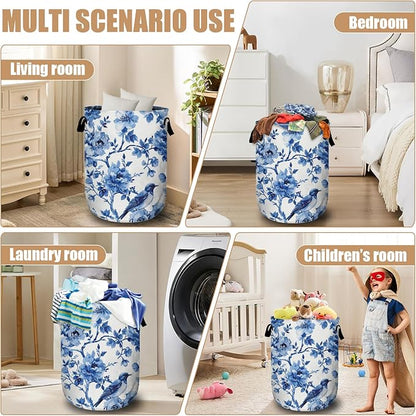 Blue Flower Bird Laundry Basket, Foldable Waterproof Laundry Hamper Tote Bag