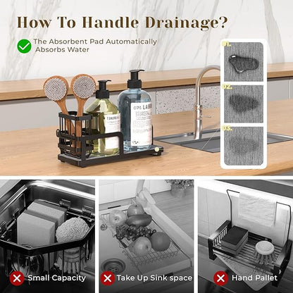 Kitchen Sink Caddy Organizer for Instant Dry, Rustproof Sponge Holder & Dish