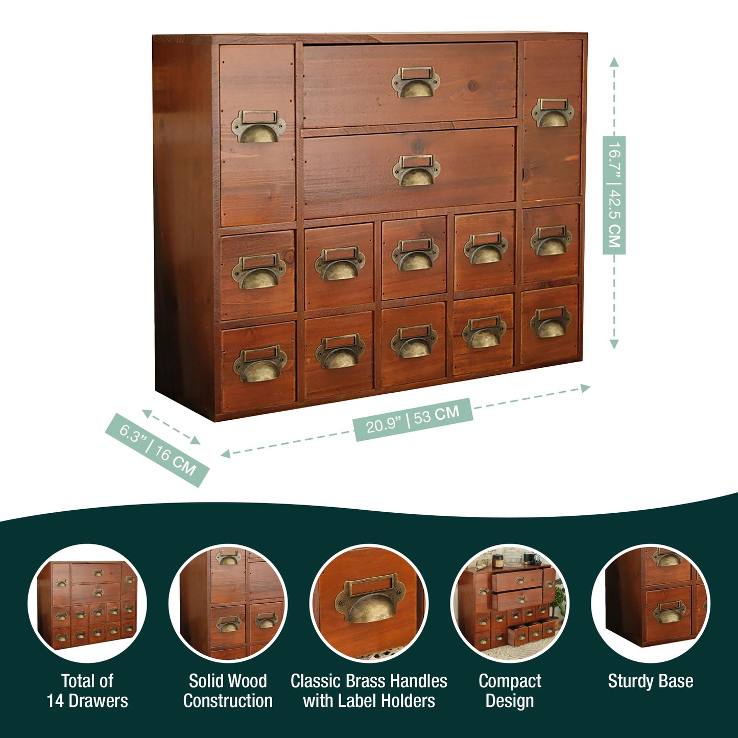 14-Drawer Apothecary Cabinet - Index Card Organizer - Miniature Chest of Drawers - Brass Handle Organizer - Kids' Arts and Crafts Storage - Wooden Desktop Drawer Organizer