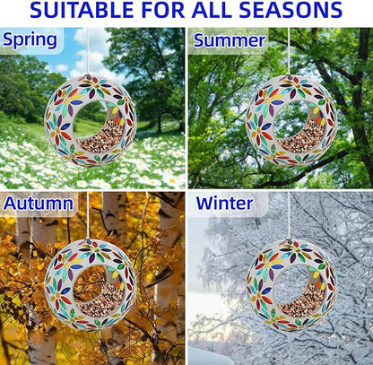 VOREEN Mosaic Glass Bird Feeder, Handcrafted Hanging Fly-Through Feeder for Outdoor Garden & Backyard, Decorative Wild Bird Feeder with Steel Wire Cable, Mosaic Colorful Flowers