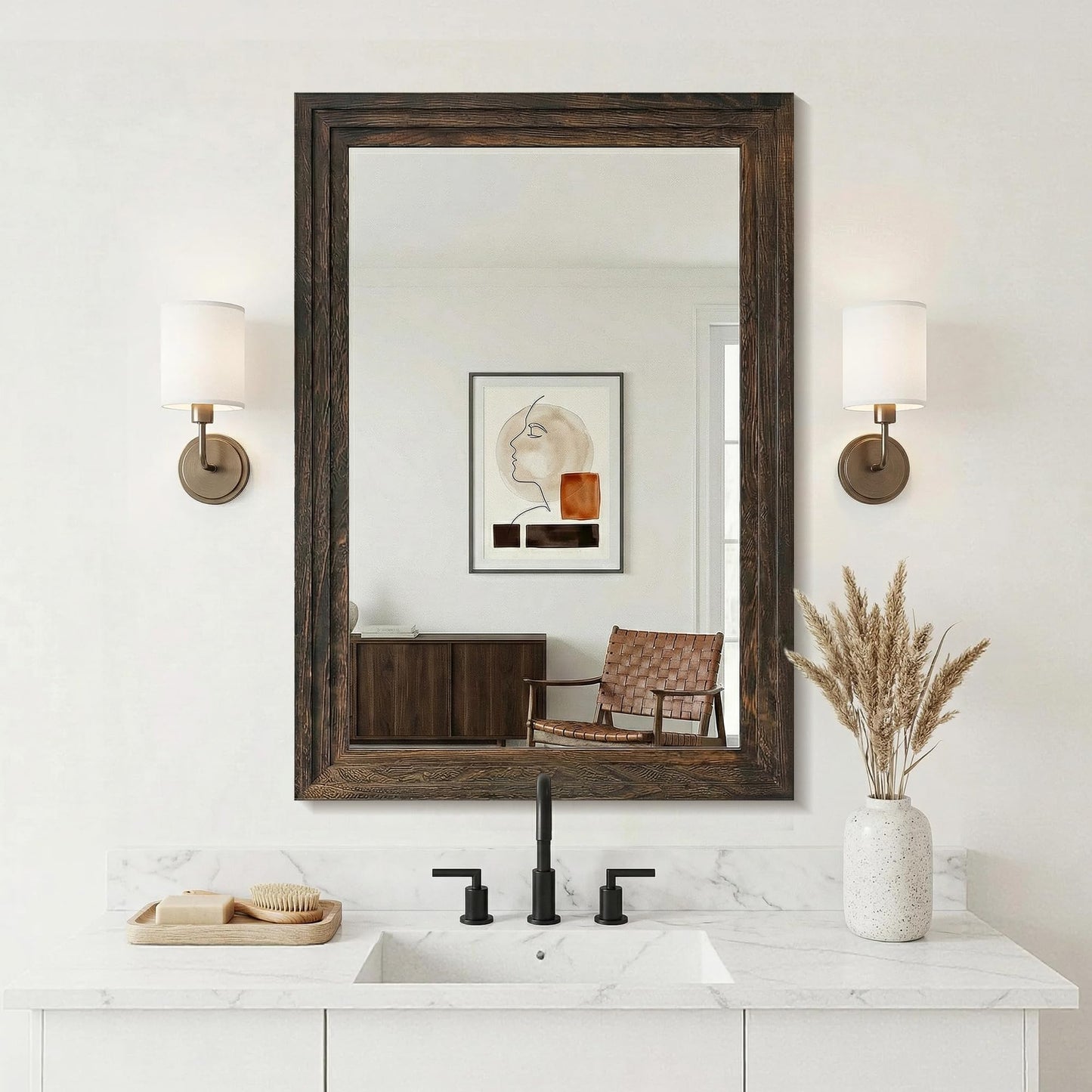 Wood Framed Mirrors for Wall, Brown Bathroom Vanity Mirror for Over Sink 24 x 36, Rustic Wall Mirror for Bathroom Sink Hallway Entryway Bedroom Living Room Farmhouse Boho Style