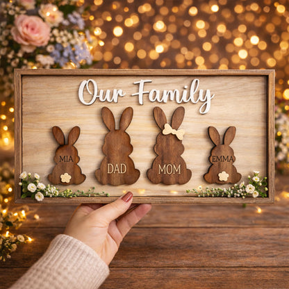 Personalized Bunny Family Sign – Custom Wooden “Our Family” Easter Bunny Name Plaque, Rustic Layered Rabbit Home Decor for Spring, Mantel, Shelf, Farmhouse Gift for Mom & Family 1