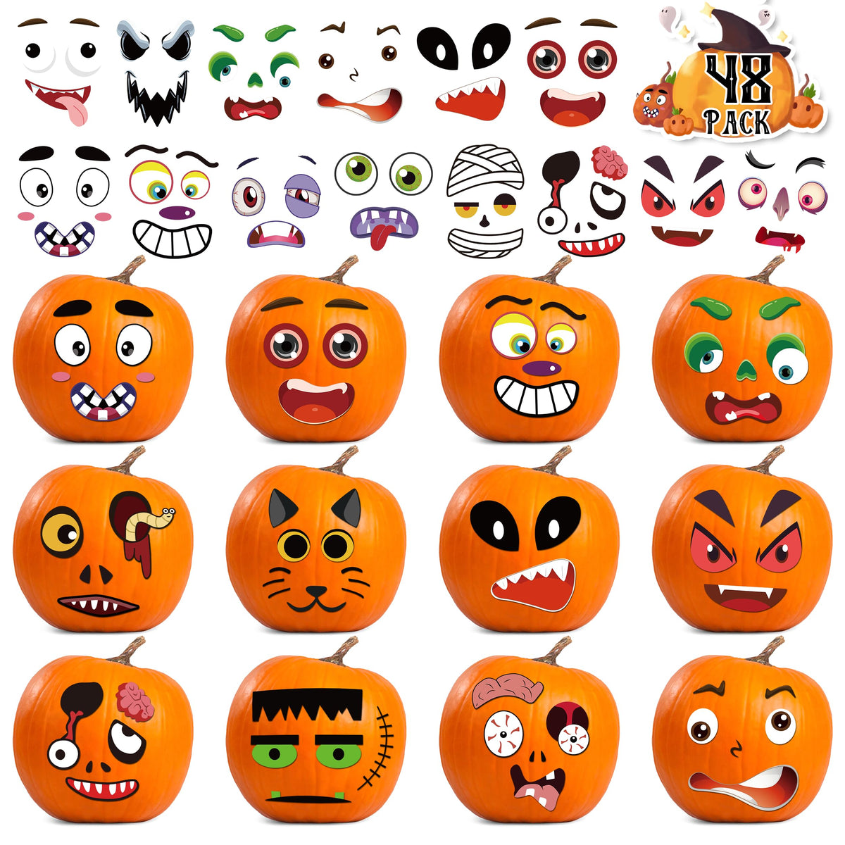 96 Pack Pumpkin Decorating Stickers - Small Pumpkin Face Stickers for Halloween Gifts and Kids Party Favors, Funny Make DIY Craft