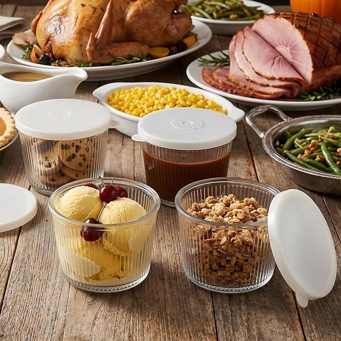 4 Sets Small Glass Bowls with Lids 6.8oz Ribbed Clear Glass Containers Stackable Dessert Custard Pudding Cups Condiment Bowls for Sauces Dips Nuts Oats Candy Dessert Cereal