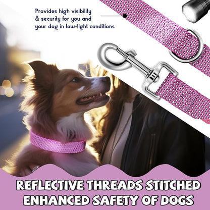 Reflective Dog Collar and Leash Set, Nylon Dog Leash with Heavy-Duty Steel D-Ring, Adjustable with Quick Release Buckle for Small Dogs, Purple S