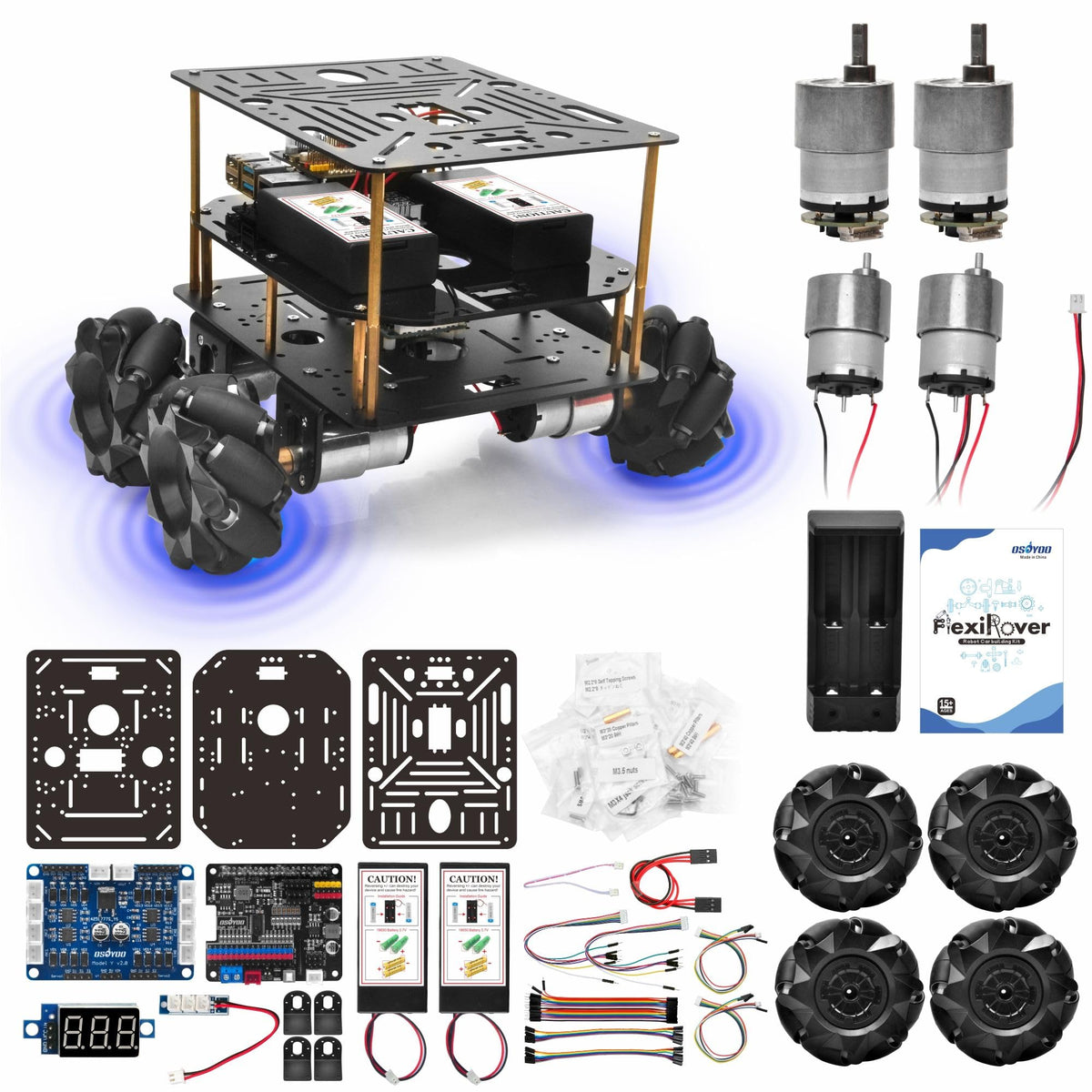 OSOYOO FlexiRover Robot Car Kit for Raspberry Pi – Compatible with Pi 2/3/4/5, 520 Motors with Encoders, Mecanum Wheels, Servo Support, and High-Capacity Battery System (No Raspberry Pi Included)