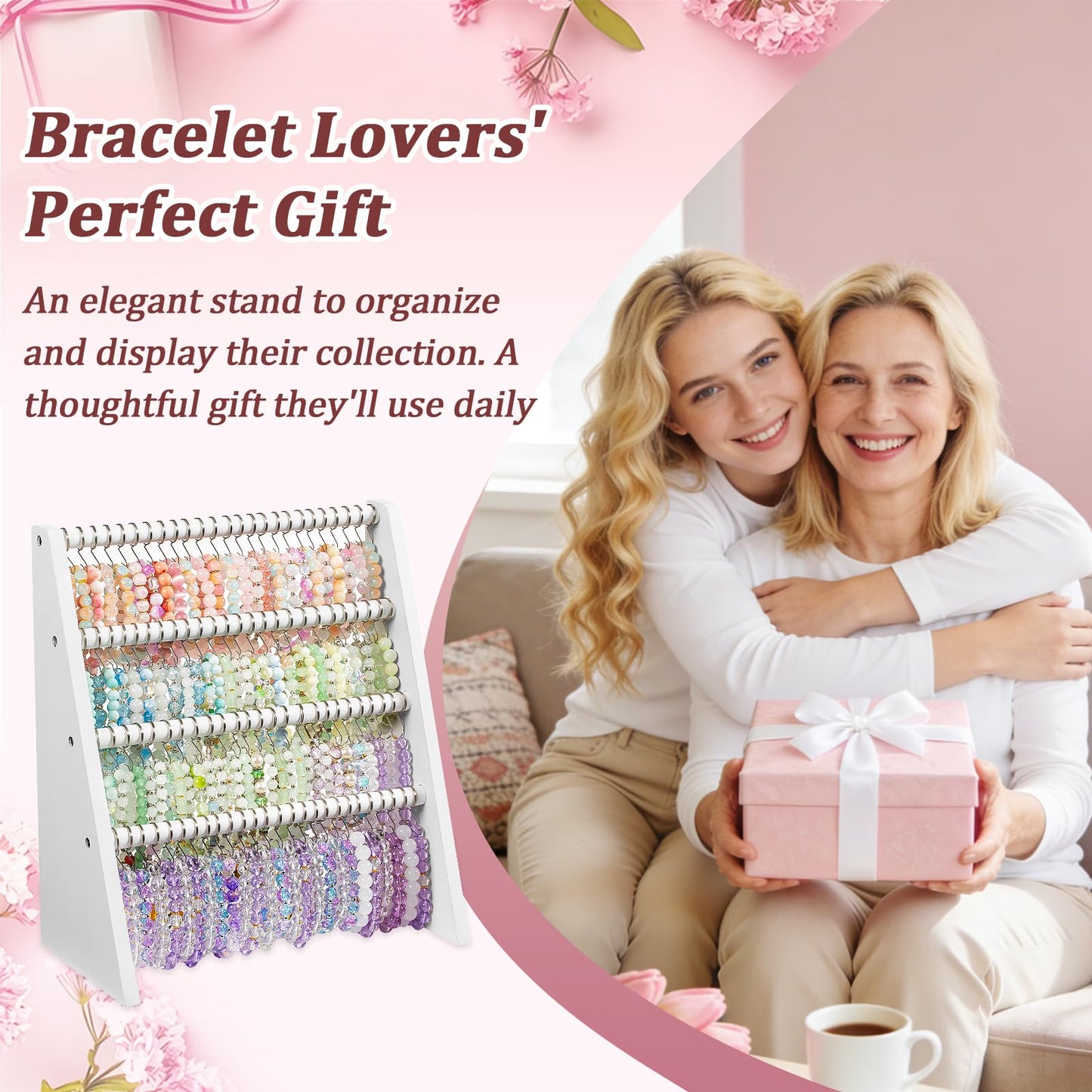 Bellaownia 4 Tier Bracelet Holder Stand with 100 Hooks, Wooden Bracelet Display Organizer Rack for Jewelry, Home, Vendors and Store Display (white)
