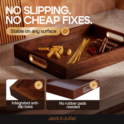 Jack & Juliet Teak Wood Ottoman Tray – Wooden Multifunctional Tray with Real Brass Handles - Non Slip Base in Food-Safe Finish - Gift-Ready Packaging for Coffee Table and Home Decor (Walnut)