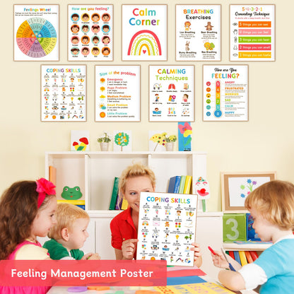 9 Calming Corner Posters, Feelings Chart for Kids, Calm Down Corner Mental Health Posters, Preschool Classroom Educational Poster Emotions Chart Coping Skills, Wall Art Decoration Mood Calming Sticker