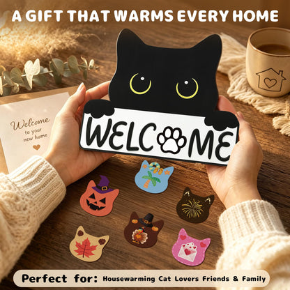 ZenDecor Cute Cat Interchangeable Welcome Home Sign for Front Door, Farmhouse Wooden Door Hanger with 18 Seasonal Icons, Porch, Entryway & Wall Decor, Housewarming Gift