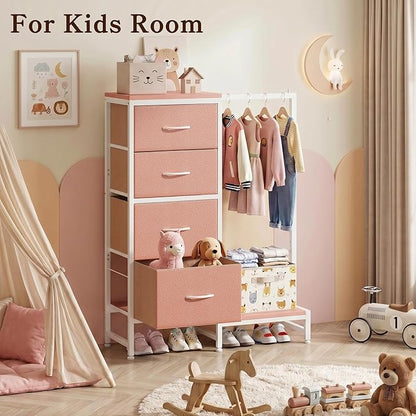 HIGDBFE Dresser with Hanging Rack, 4 Drawers Small Closet for Bedroom, Reversible Fabric Kids Chest of Drawers with Clothes Rack, Tall Storage Tower, Sturdy Frame, Pink, 44''H