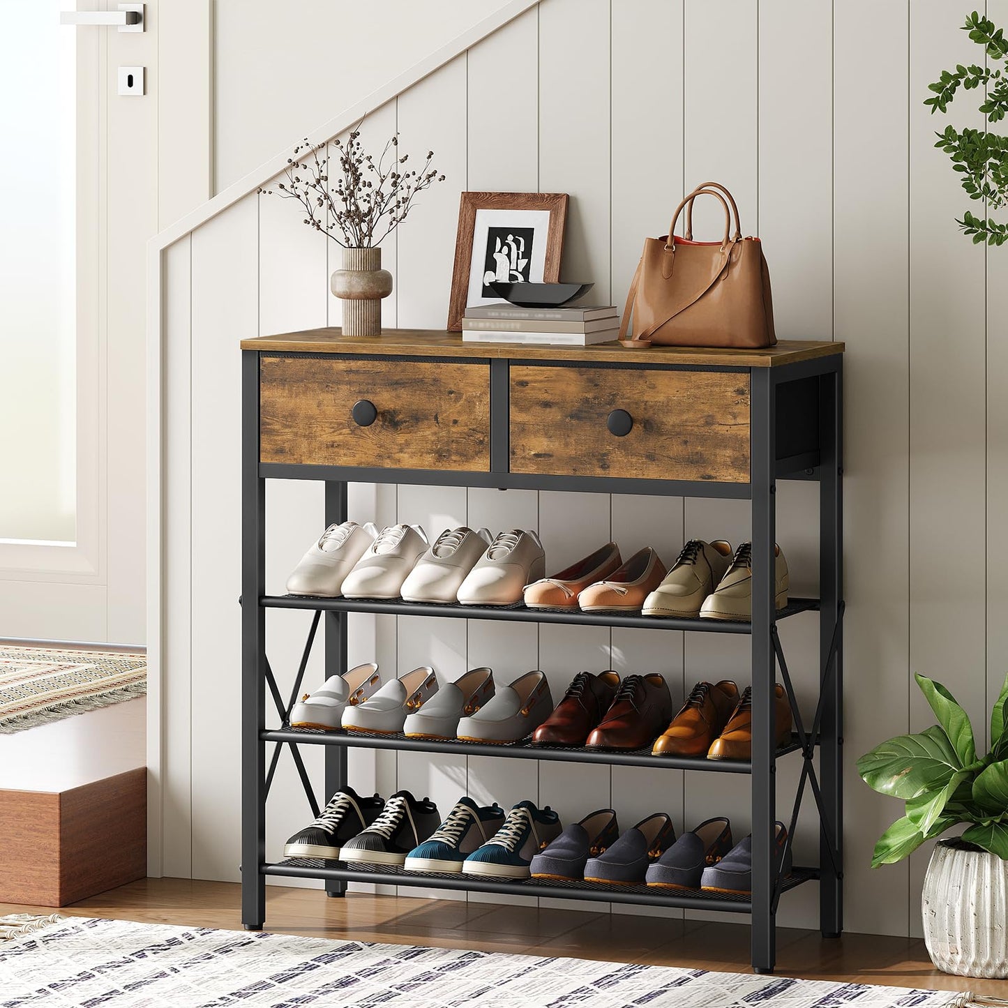 YATINEY 10 Tier Shoe Rack and 4 Tier Shoe Rack, Large Capacity Shoe Storage Organizer, Metal Shoe Shelf with Drawer and Wooden Top, for 16 Pairs of Shoes, for Entryway, Closet SS10BCG1-SS24BR