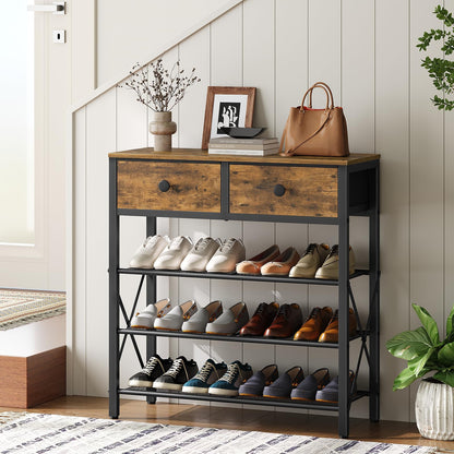 YATINEY 10 Tier Shoe Rack and 4 Tier Shoe Rack, Large Capacity Shoe Storage Organizer, Metal Shoe Shelf with Drawer and Wooden Top, for 16 Pairs of Shoes, for Entryway, Closet SS10BCG1-SS24BR