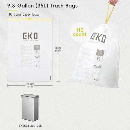 EKO 9.3 Gallon / 30–35 Liter Drawstring Trash Bags, Extra-Strong Leak-Resistant