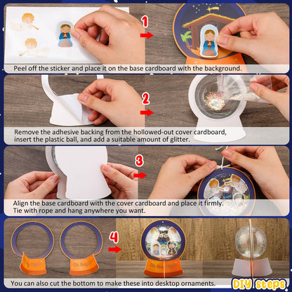 Threehoney 24 Pack Easter Nativity Craft Kit for Kids Toddler Jesus Birth Advent DIY Snow Globe Hanging Ornament with Glitter Sequin Paper Religious Holiday Classroom Decor(Holy Night,Gold)