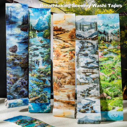 MiyouLuna 6 Rolls Seasons Landscape Washi Tape Set, 3.15in Large Nature Sticker Tape with Clip for Journaling, Scrapbooking, Planner Decoration, DIY Crafts and Art Projects