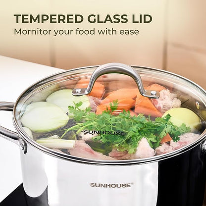 Sunhouse 8 Quart Stock Pot with Lid - 3-Ply Base Stainless Steel Cooking Pot - 8 QT Canning Dutch Oven Stock Pots - Oven Safe & Induction Cookware