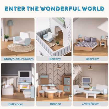 ROBUD Doll House, Wooden Dollhouse with 6 Rooms, 29-pcs Realistic Accessories, Dollhouse Playset for 4-6 Inch Dolls, Gifts for Kids & Toddlers, Nordic Style, Ages 3+