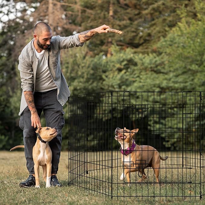 Dog Pen Pet Playpen Dog Fence Indoor Foldable Metal Wire Exercise Puppy Play Yard Pet Enclosure Indoor Outdoor 8 Panels 30 Inch with Bottom Pad/Top Cover