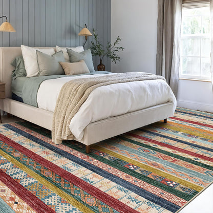 Puino 8x10 Washable Area Rug: Moroccan Large Neutral Boho Area Rug for Living Room & Bedroom Geometric Non-Slip Farmhouse Carpet for Living Room Colorful Stripe 8'x10'.