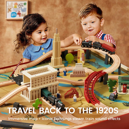 Tiny Land Large Wooden Train Table (47.9”x35.2”), 104PCS Train Set, 3 Storage Bins, Activity Playset for Kids Ages 3+