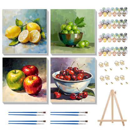 Ycydilirab 4 Pack Fruit Paint by Numbers Kit for Adults with Framed Wooden Easel - Fruit Adult Paint by Number,Paint by Number Canvas for Adults Gifts Home Wall Decor 8×8 inch