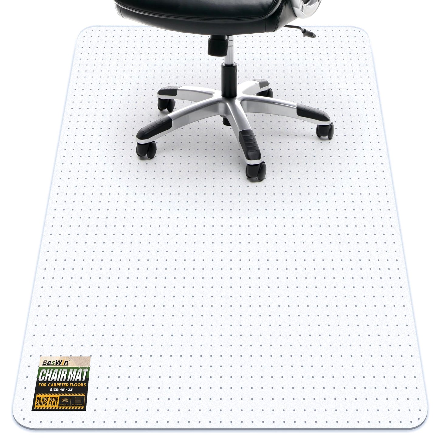 BesWin Office Chair Mat for Carpet, 32" x 48" Heavy Duty Hard Computer Desk Chair Mat for Carpeted Floors, Anti-Slip Carpet Floor Protector Mat for Office Chair, Smooth Glide, Ship Flat
