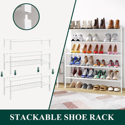 Smiry Long Bamboo Shoe Rack, 3 Tier Free Standing Wooden Shoe Organizer, Stackable Wood Shoe Storage Shelf for Closet, Entryway, 12 Vertical Slats, 2+1 Stack Standard Legs, 33.7"x11"x19.5", White