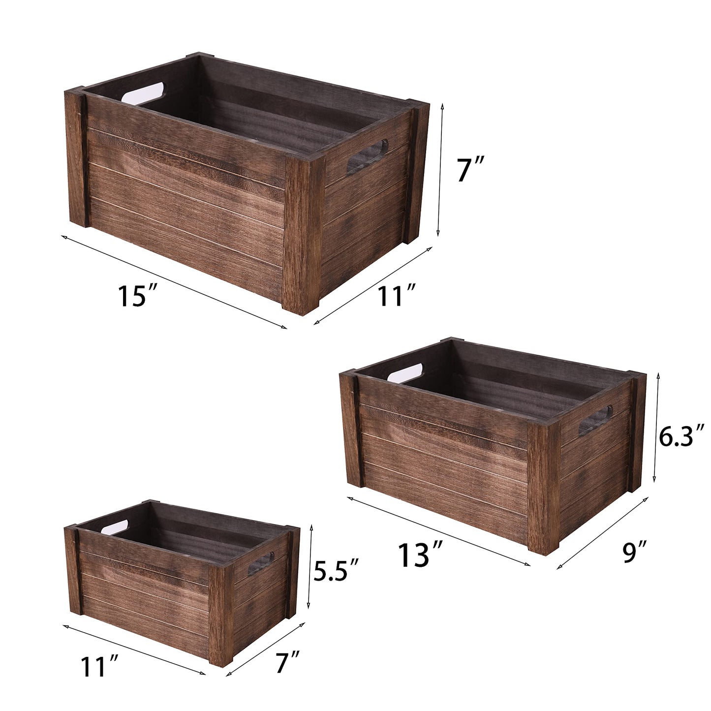 SENRYEE Farmhouse Antique Black Wooden Crate for storage,Rustic Decorative Boxes,Set Of 3 Nesting Wooden Storage Crates For display,Handmade Natural Solid Wood Box (Rustic Black)