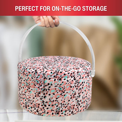 SINGER Large Round Sewing Basket with Emergency Travel Sewing Kit & Matching Zipper Pouch - Rose Pink Leopard Print