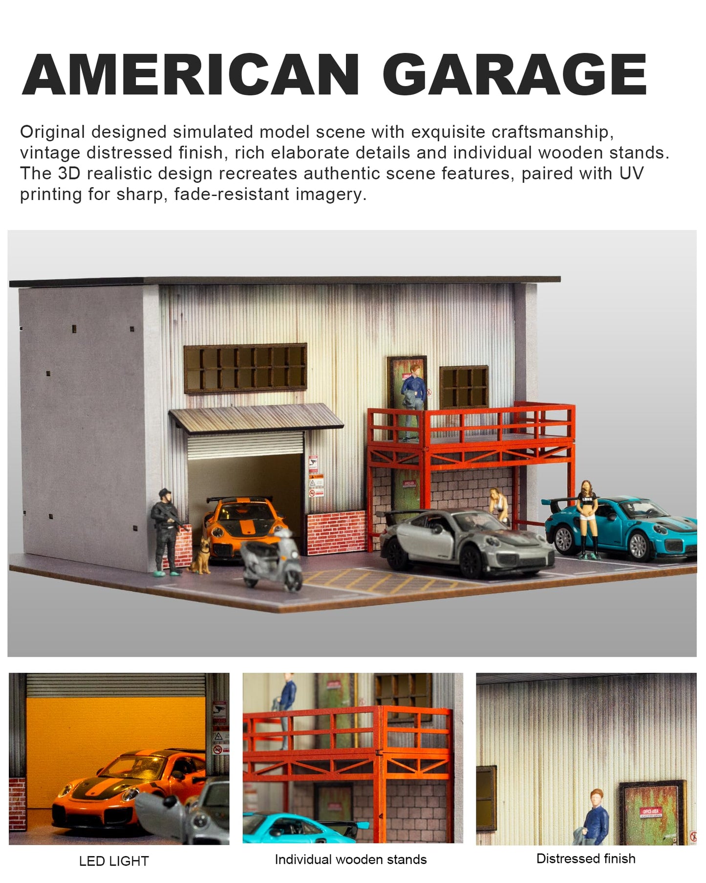 1/64 Scale Diecast Display Case, Wooden American Style Toy Car Garage Model with LED Light, 4-Parking Spaces Diorama Showcase for Hot Wheels and Matchbox Cars Storage