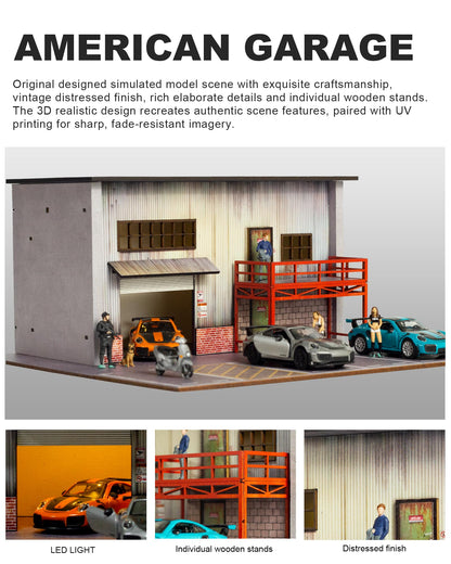 1/64 Scale Diecast Display Case, Wooden American Style Toy Car Garage Model with LED Light, 4-Parking Spaces Diorama Showcase for Hot Wheels and Matchbox Cars Storage