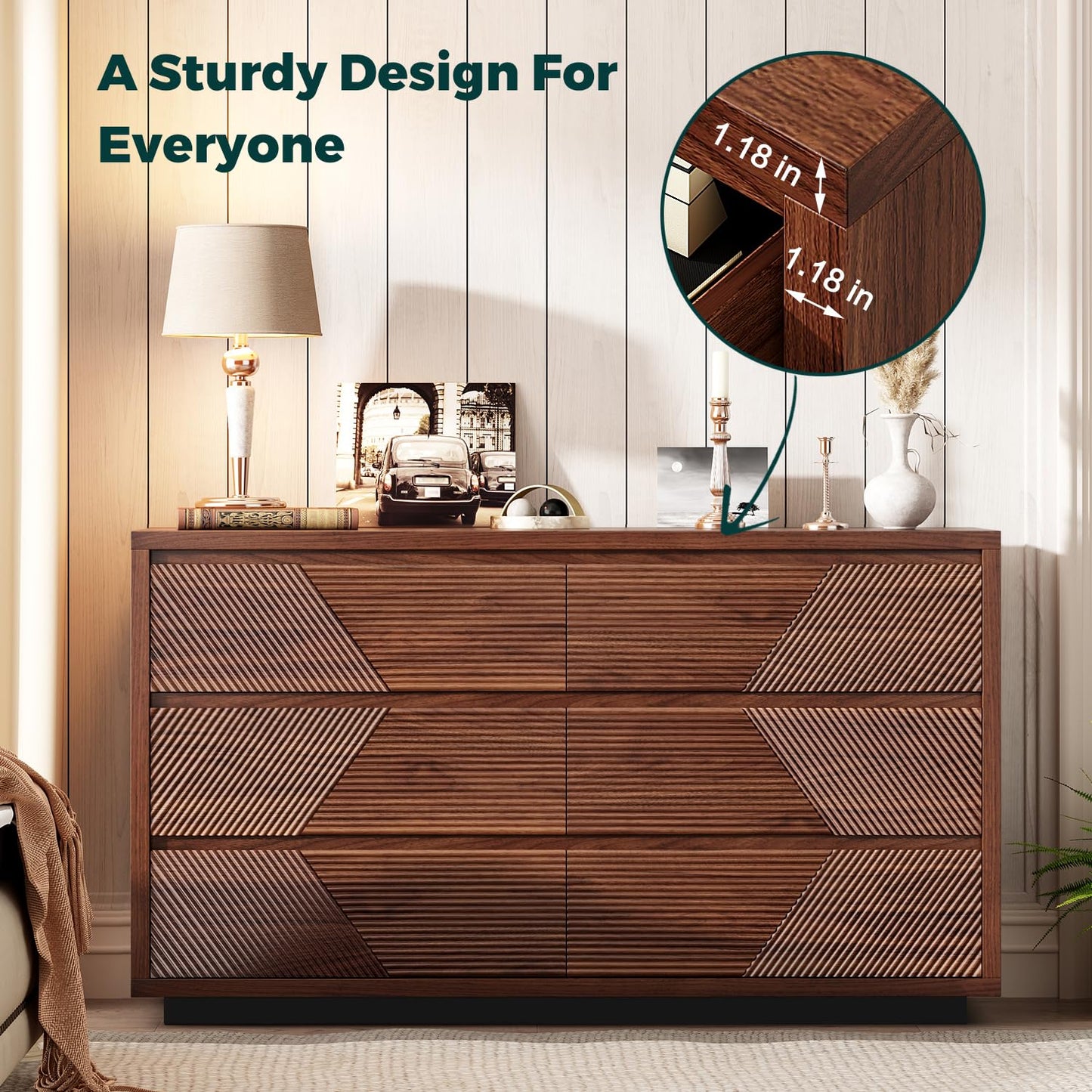 Ieejdn 55.12" Modern Chest of Drawer, 6 Deep Drawers,Clothes Organizer,Large Storage Cabinet for Living Room, Bedroom,Dresser TV Stand, Wood Drawer Organizer for Living Room, Hallway, Umber