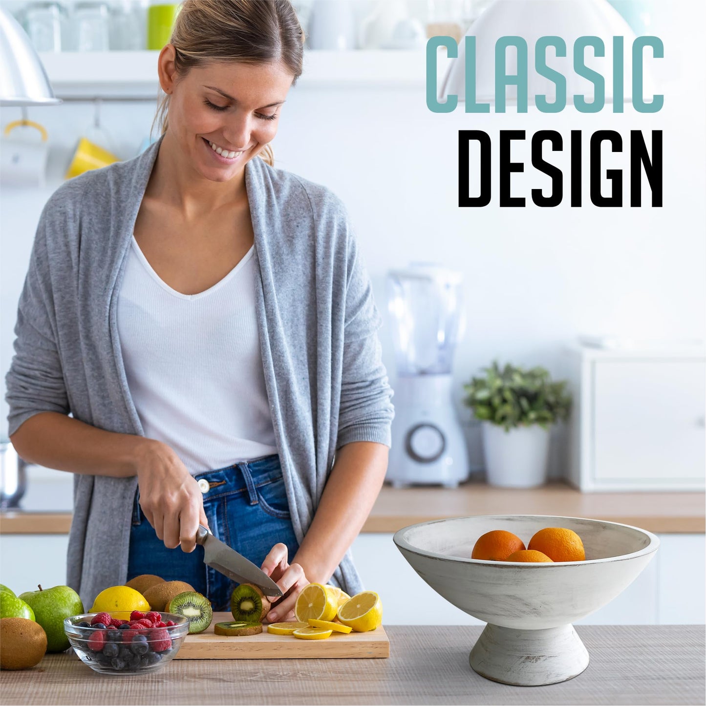 Fairwood Way - Rustic Whitewash Pedestal Bowl - 10 Inch, Mango Wood Footed Bowl as Fruit, Key, Decorative, Candy Holder or Centerpiece, Wooden Decorative Bowl for Kitchen, Dining Table