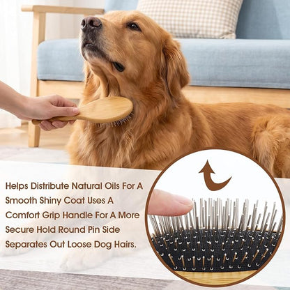 Dog Grooming Brush with Bamboo Handle, 20mm Stainless Steel Pins, Comfortable and Durable for All Hair Types