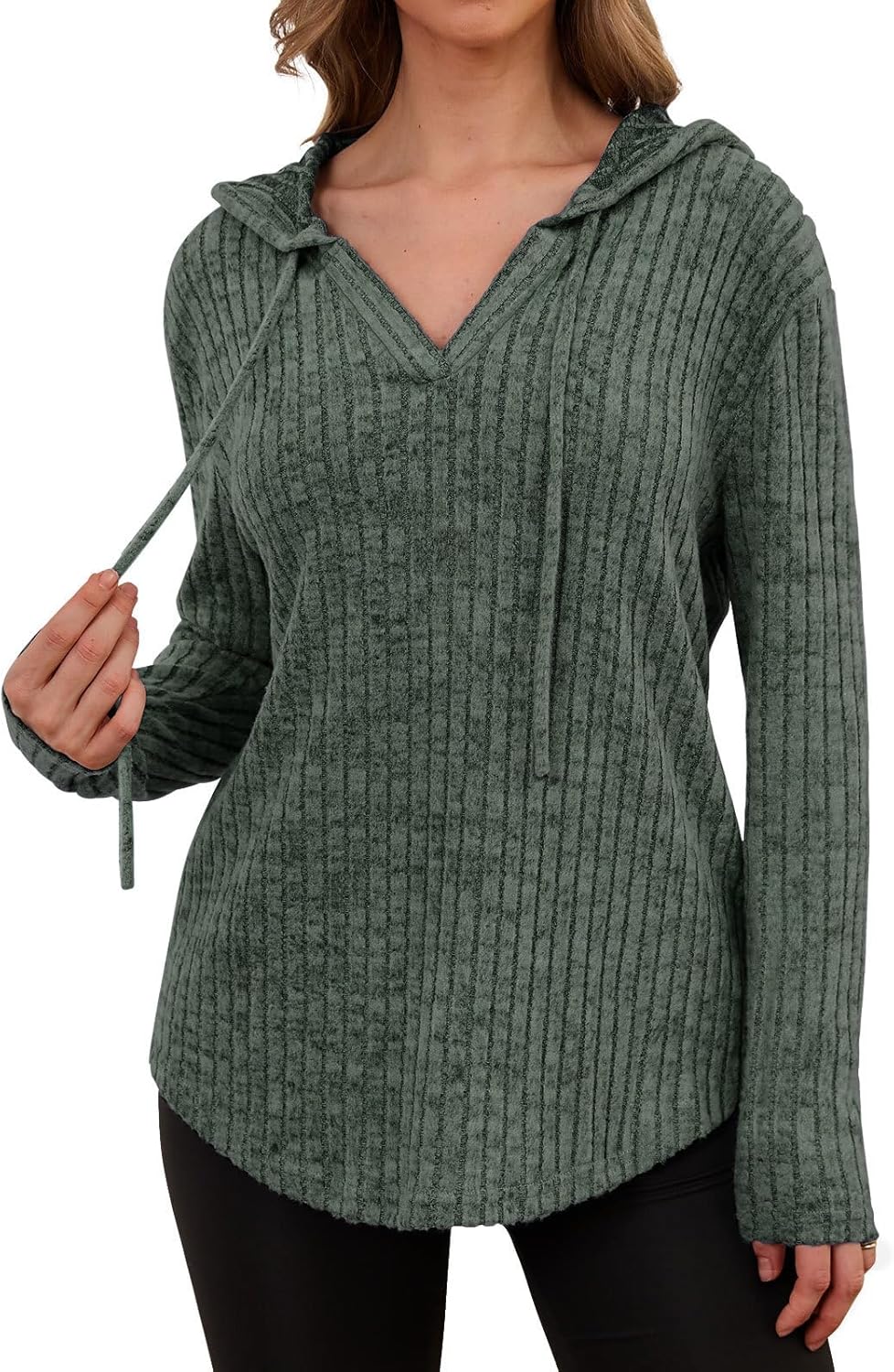 Lylinan Womens Cozy Knit Sweaters Hoodies Ribbed V Neck Pullover Sweatshirts for Fall Outfits S-XXL