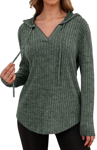 Lylinan Womens Cozy Knit Sweaters Hoodies Ribbed V Neck Pullover Sweatshirts for Fall Outfits S-XXL