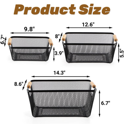 Noamus 3 Pack Metal Mesh Basket with Wooden Handle, Farmhouse Wire Steel Storage Bins, Rectangle Fruit Vegetable Organizer Containers for Home Cabinet Pantry Kitchen Decor, Snack Gift (Black, 3 Size)