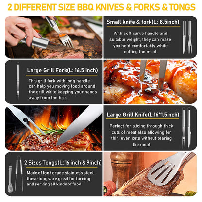 34Pcs Grill Accessories Grilling Gifts for Men, 16 Inches Heavy Duty BBQ Accessories, Stainless Steel BBQ Tools with Thermometer, Grill Mats for Backyard, BBQ Set for Men Women