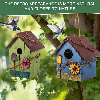 DoubleFill 2 Pcs Birdhouses for Outdoor Hanging Yard Outside Wooden Birdhouse Hand Painted Bird Box for Bird Lovers Bluebird Tree Garden Decor Decorative Birdhouse(Red,Blue,Wooden Roof)