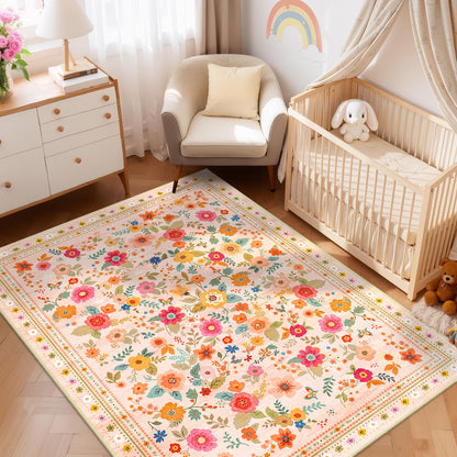 5x7 Area Rugs, Washable Floral Rug, Low Pile Non-Slip Carpet, Flower Rug for Living Room Bedroom Hallway Entryway Kitchen Office, Pink Beige