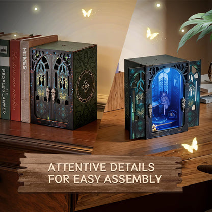 DIY Book Nook Kit Miniature Dollhouse with LED Light, 3D Wooden Bookshelf Insert Reading Corner Bookshop, Mini Library Model Building Kit for Adults Teens, Book Nook Shelf Decor Gift for Book Lovers