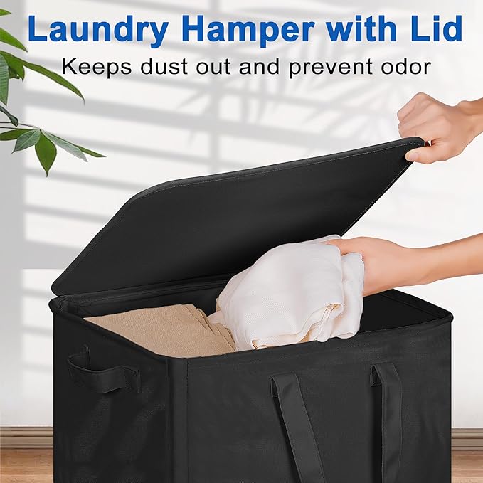 Slim Laundry Hamper with Lid and Wheels, Small Rolling Laundry Basket with