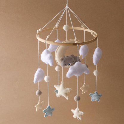 Baby Crib Mobile – Handmade Moon Bear Nursery Mobile, Mobile for Crib Neutral Felt Clouds Stars Hanging Toy, Beech Wood Ring Bassinet Mobile Baby Mobile Decor Gift