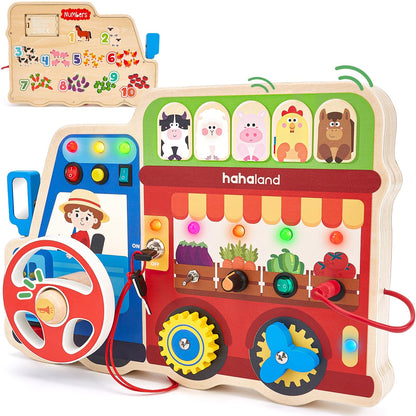 hahaland Montessori Busy Board for Toddlers 3-5, 18-in-1 Wooden Sensory Activity Board with LED Lights & Switches, Educational Montessori Toy for Fine Motor Skills, Kids Gift