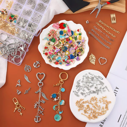 Zefy 552Pcs Charms Lip Gloss Keychain Making Kit, Gold Silver Bag Charm Kit, Including 214 Charms 24 Key Chain Clips with Organizer Box, DIY Craft Supplies for Jewelry Making and Gifts
